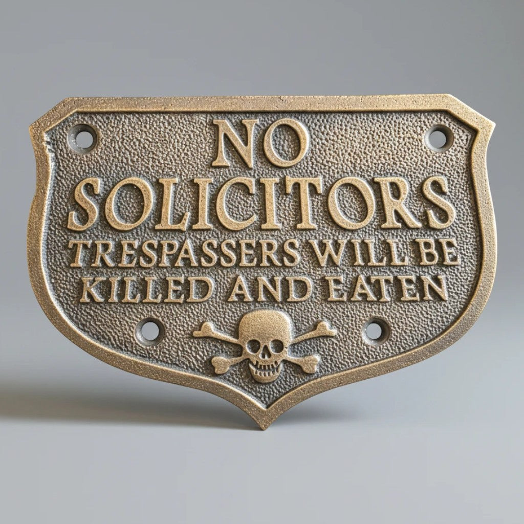 Jones Peak solid brass No Solicitors plaque with embossed skull and crossbones and antique patina finish.
