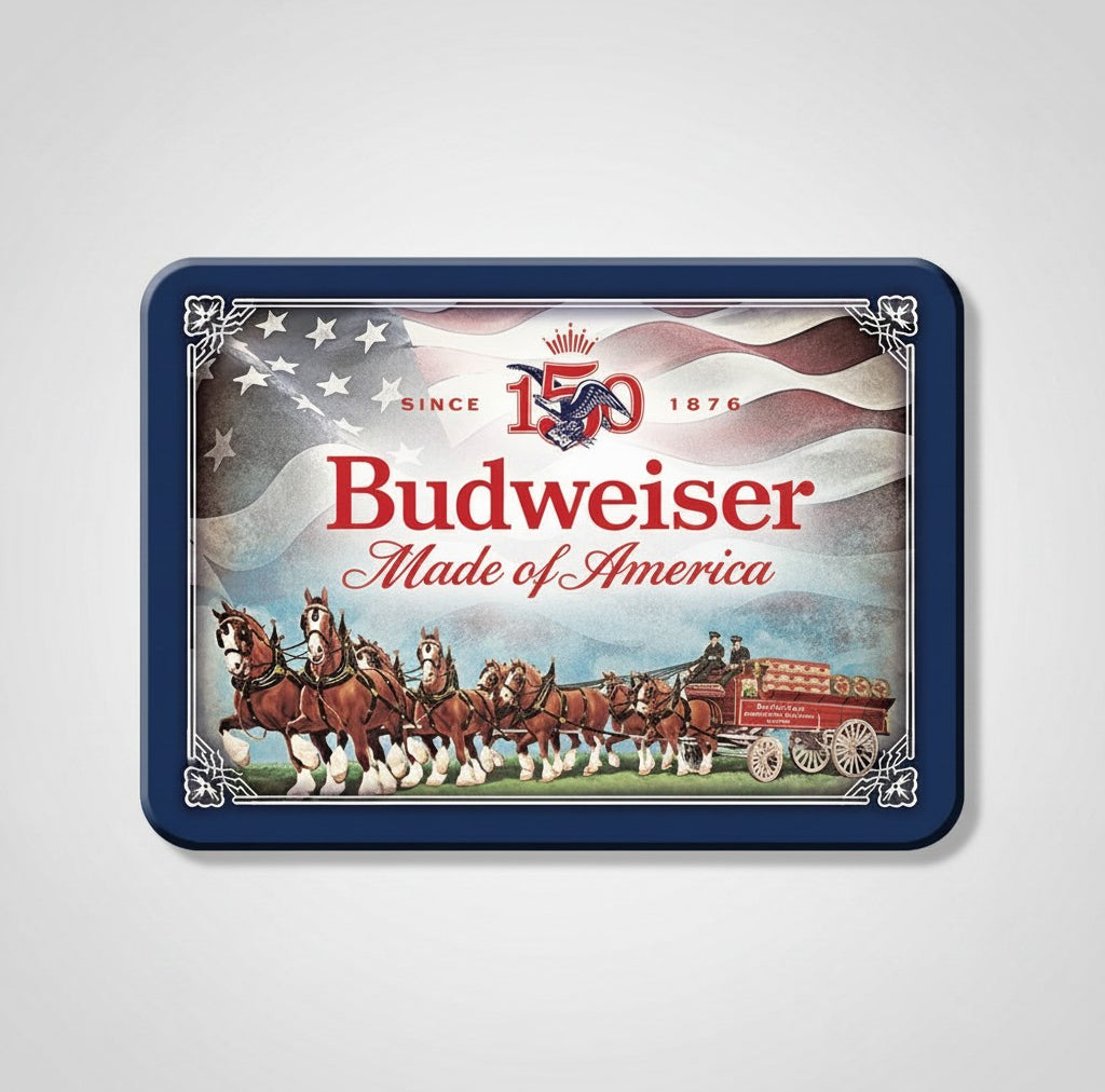 Jones Peak Budweiser 150th anniversary metal magnet featuring Clydesdales and American flag design