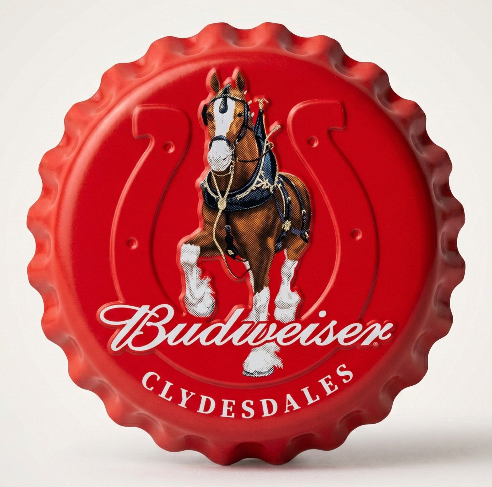Budweiser Clydesdales bottle cap metal sign with horse team artwork and brewery branding