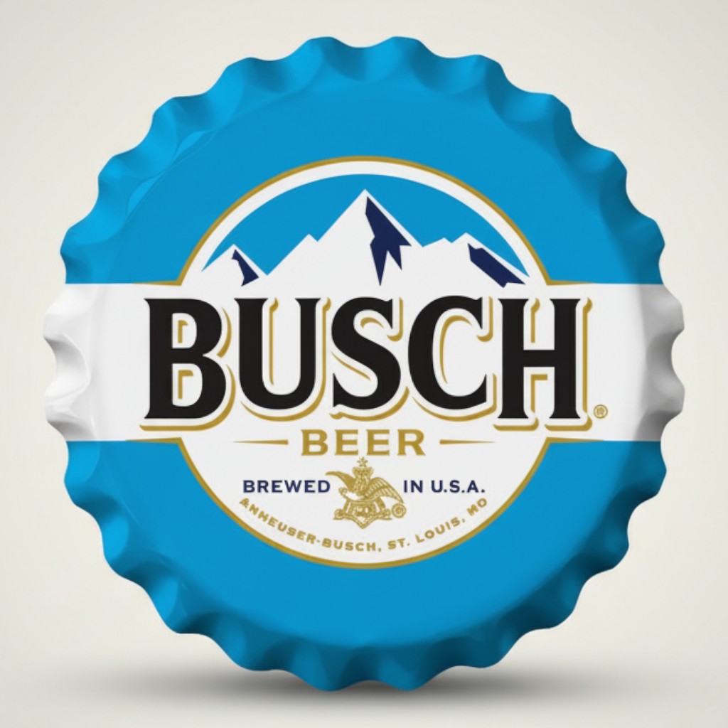 Busch beer bottle cap metal sign in blue and white with mountain artwork