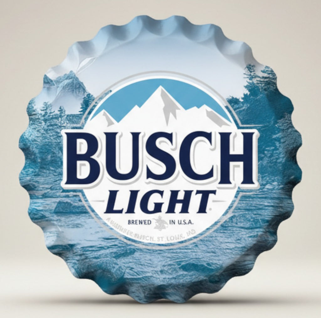 Busch Light bottle cap metal sign with mountains, trees and water artwork