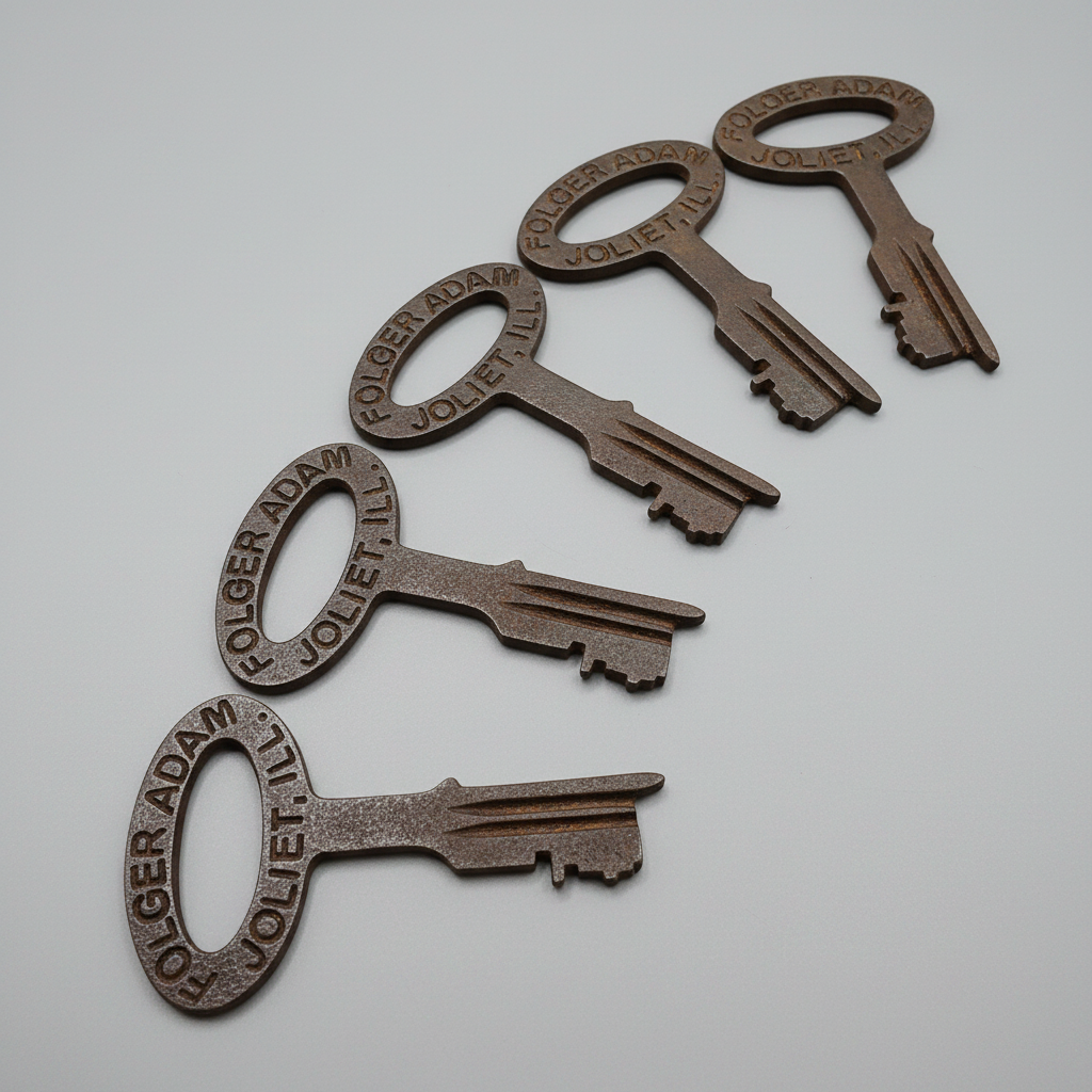 Jones Peak set of five cast iron jailhouse keys with distressed antique finish and Folger Adam Joliet lettering.