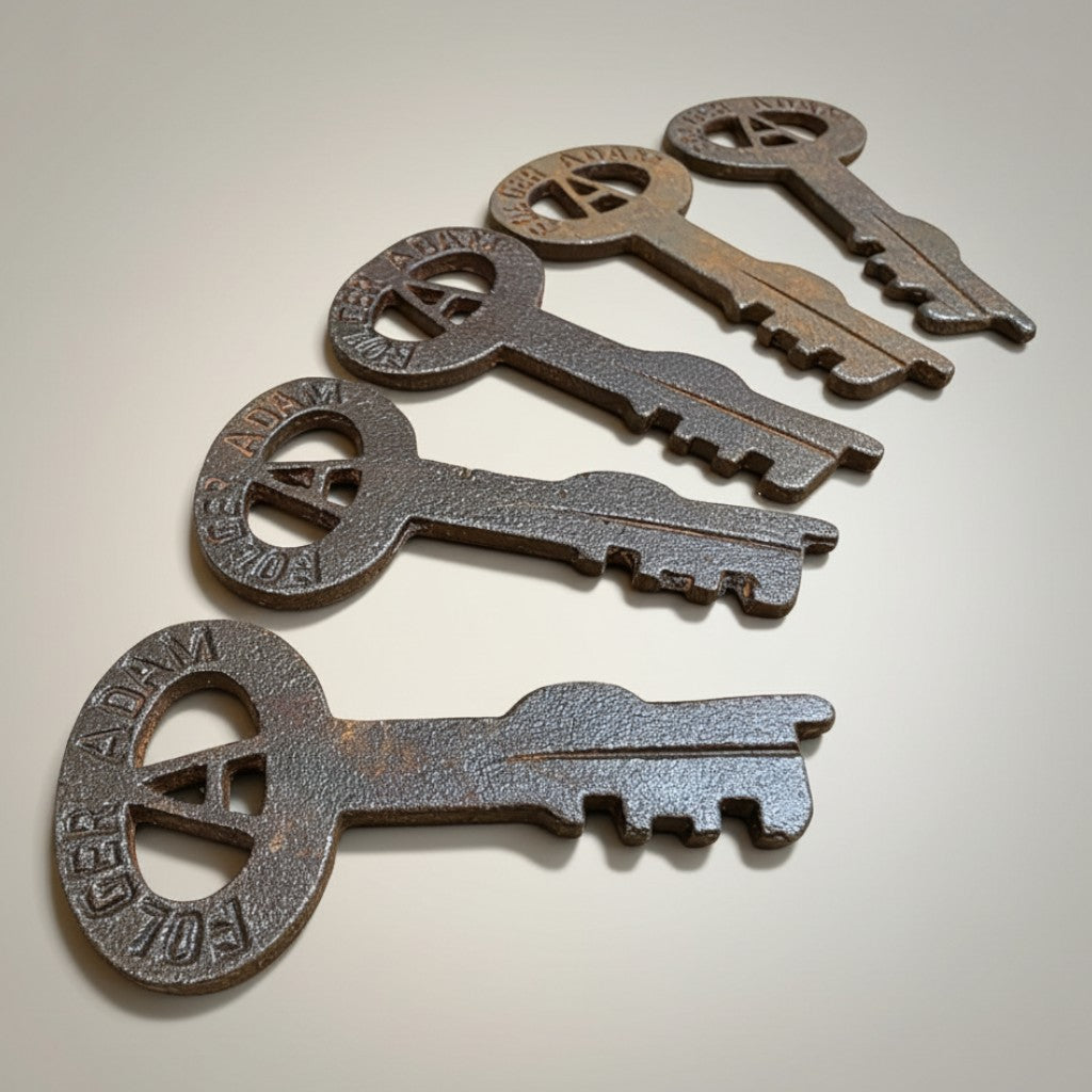 Jones Peak Folger Adams set of 5 antique cast iron decorative keys with distressed finish.