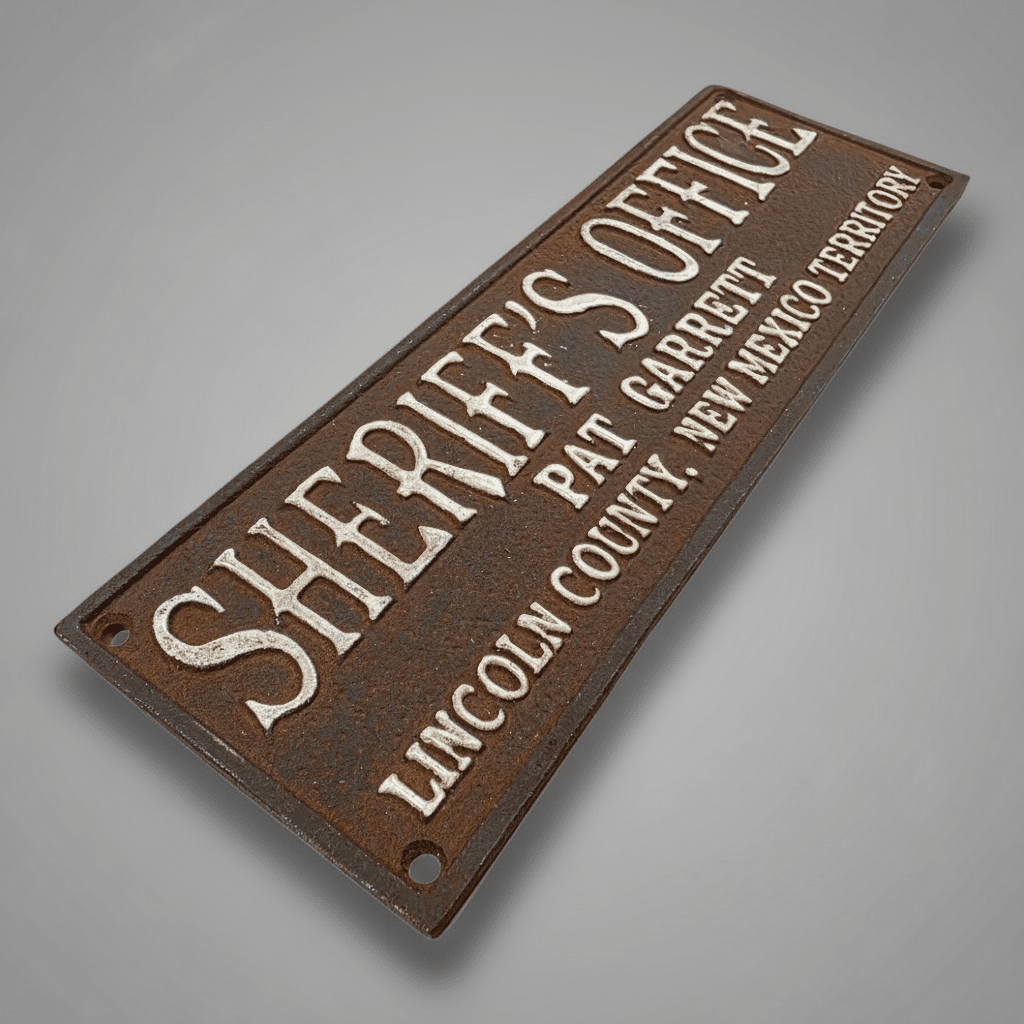Jones Peak cast iron Pat Garrett Sheriff Office plaque with a hand-painted antique patina and raised white lettering.