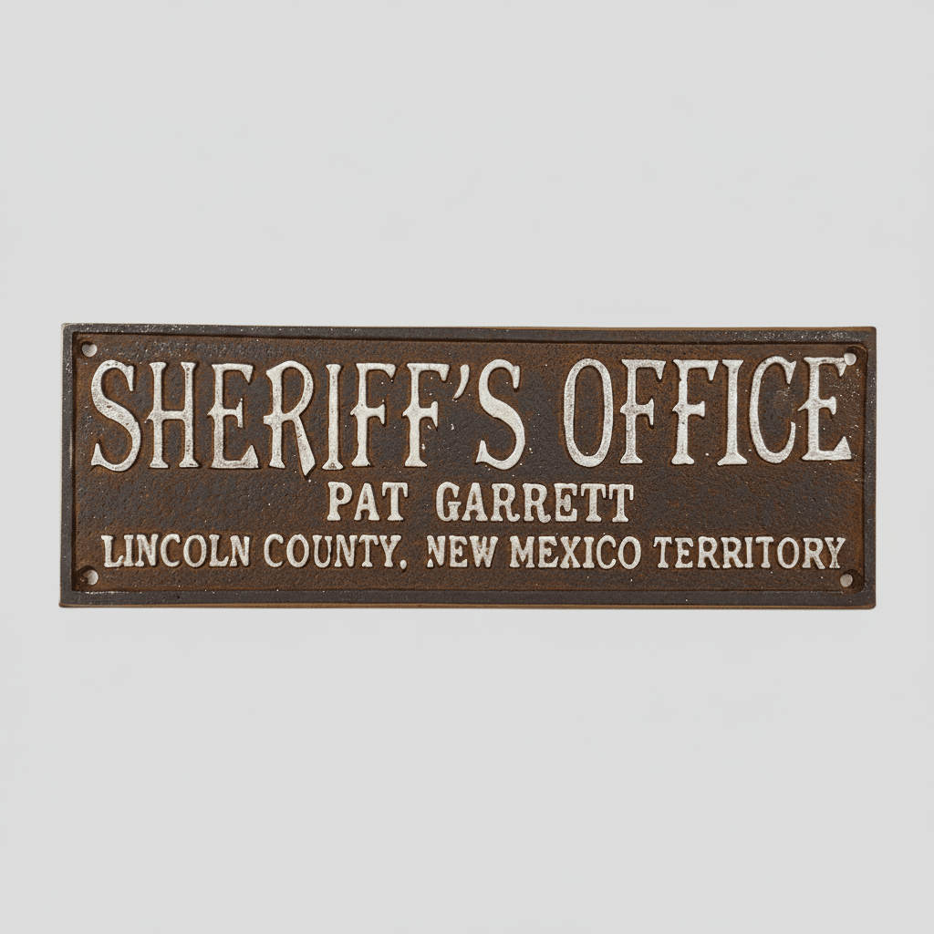 Jones Peak cast iron Pat Garrett Sheriff Office plaque with hand-painted antique patina and raised white lettering.