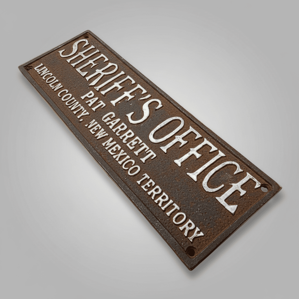Jones Peak cast iron Pat Garrett Sheriff Office plaque with hand-painted antique patina and raised white lettering.