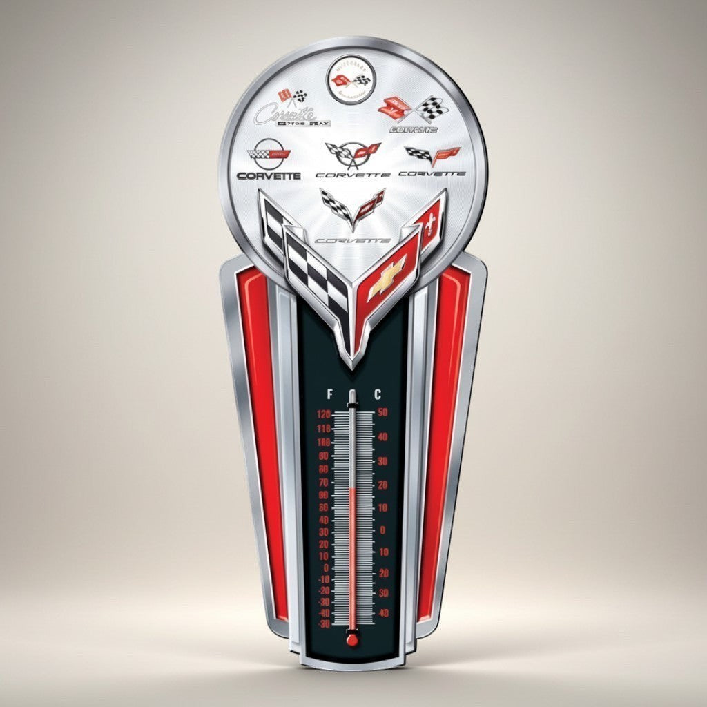 Jones Peak Chevrolet Corvette Logo Thermometer, embossed metal with red and silver accents, vintage wall decor.