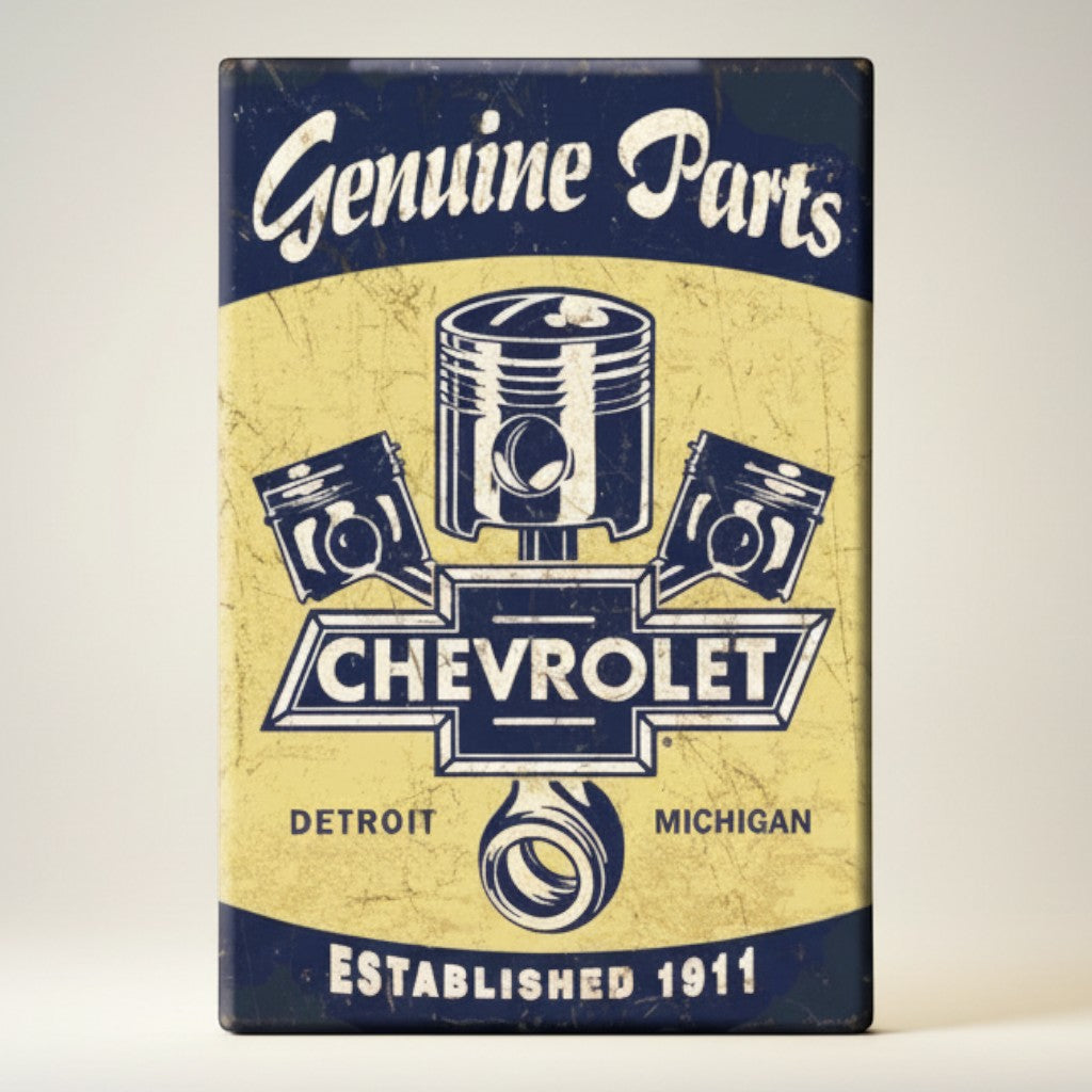 Jones Peak Chevrolet Genuine Parts magnet with pistons and Detroit, Michigan Established 1911 text. Metal wrapped with printed media.