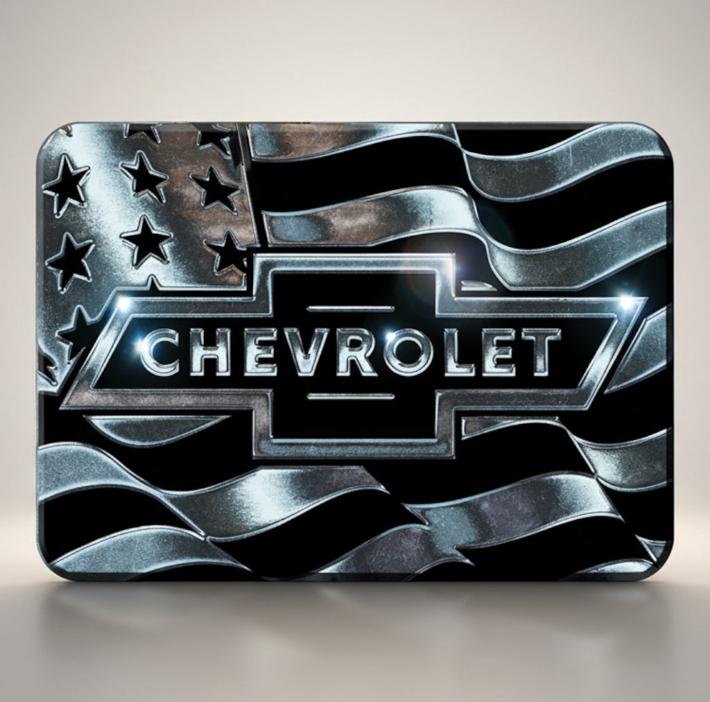Chevy metal flag magnet with American flag design and embossed Chevrolet logo in silver and black
