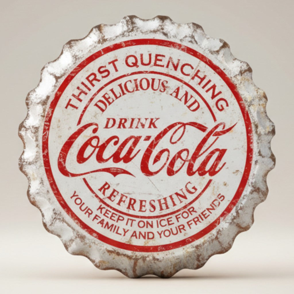 Coca-Cola weathered bottle cap metal sign with distressed red and white logo design