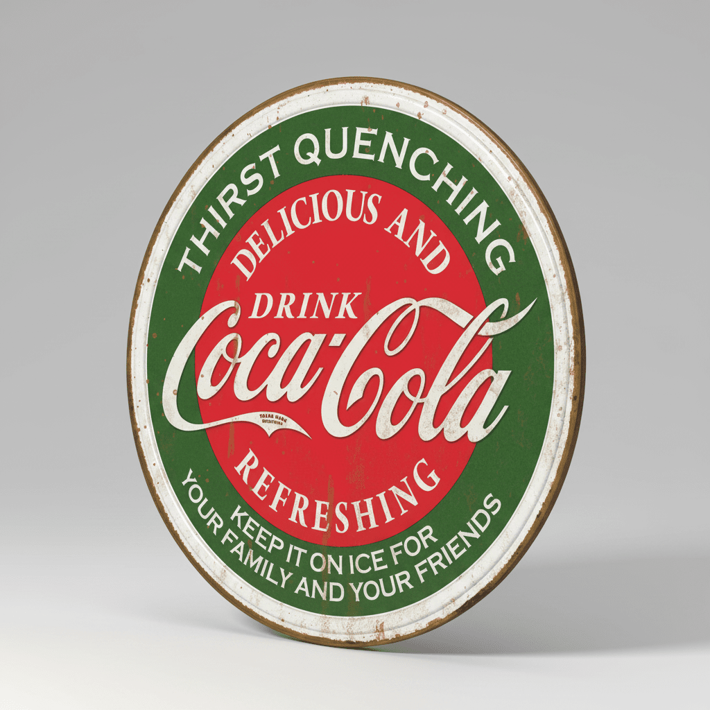 Jones Peak round embossed Coca-Cola metal sign with vintage red and green advertising graphics and distressed finish.