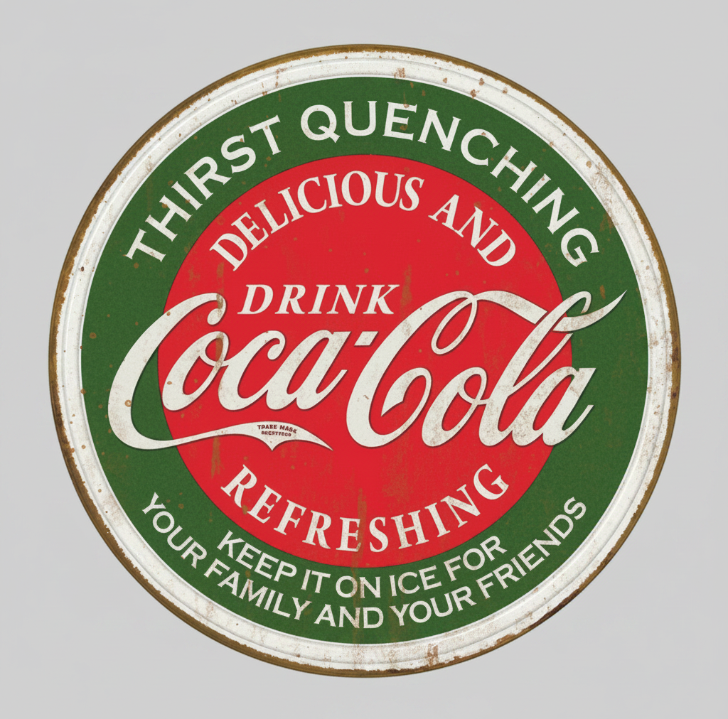 Jones Peak round embossed Coca-Cola metal sign with vintage red and green advertising graphics