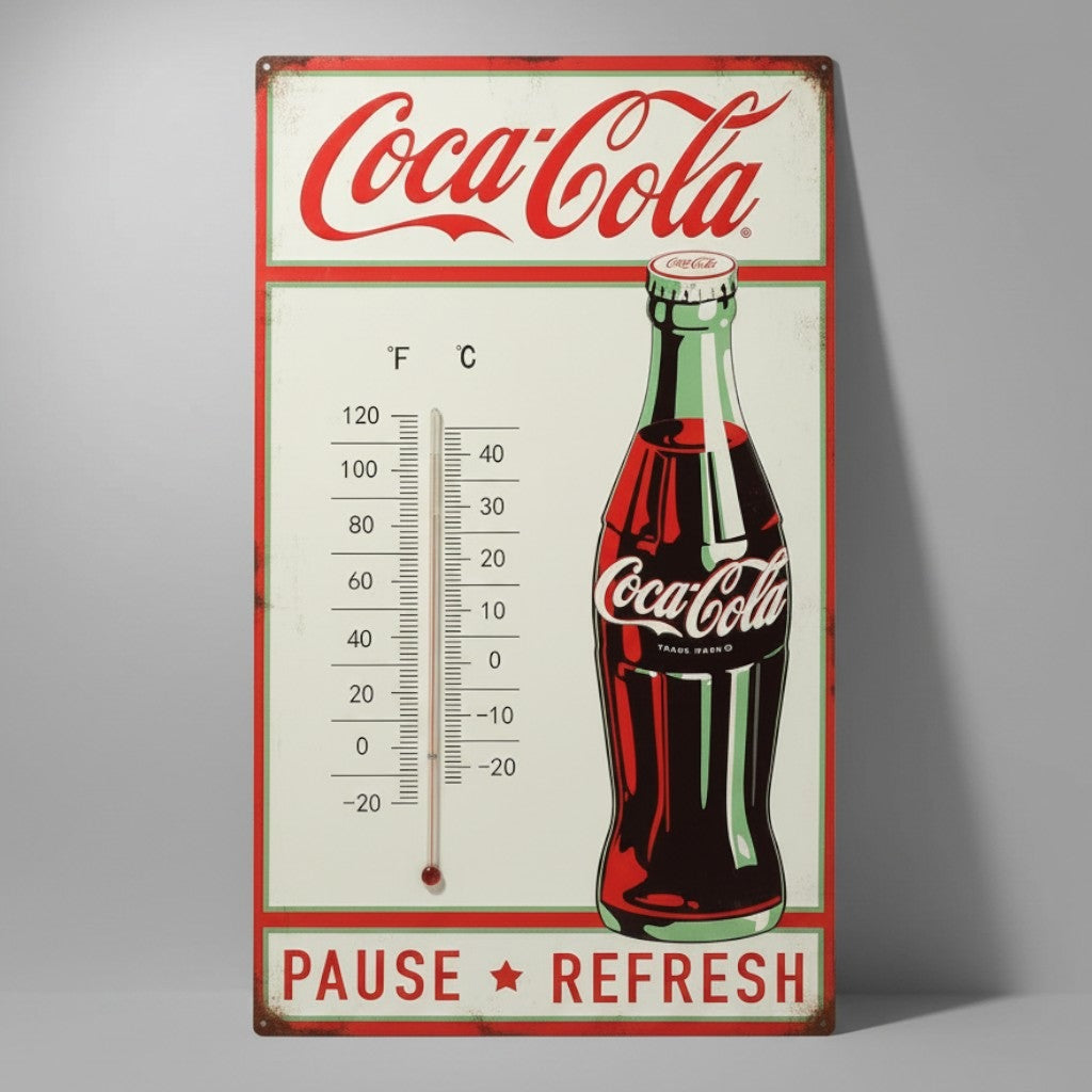 Jones Peak vintage Coca-Cola embossed metal wall thermometer with Pause and Refresh graphic and classic bottle design.