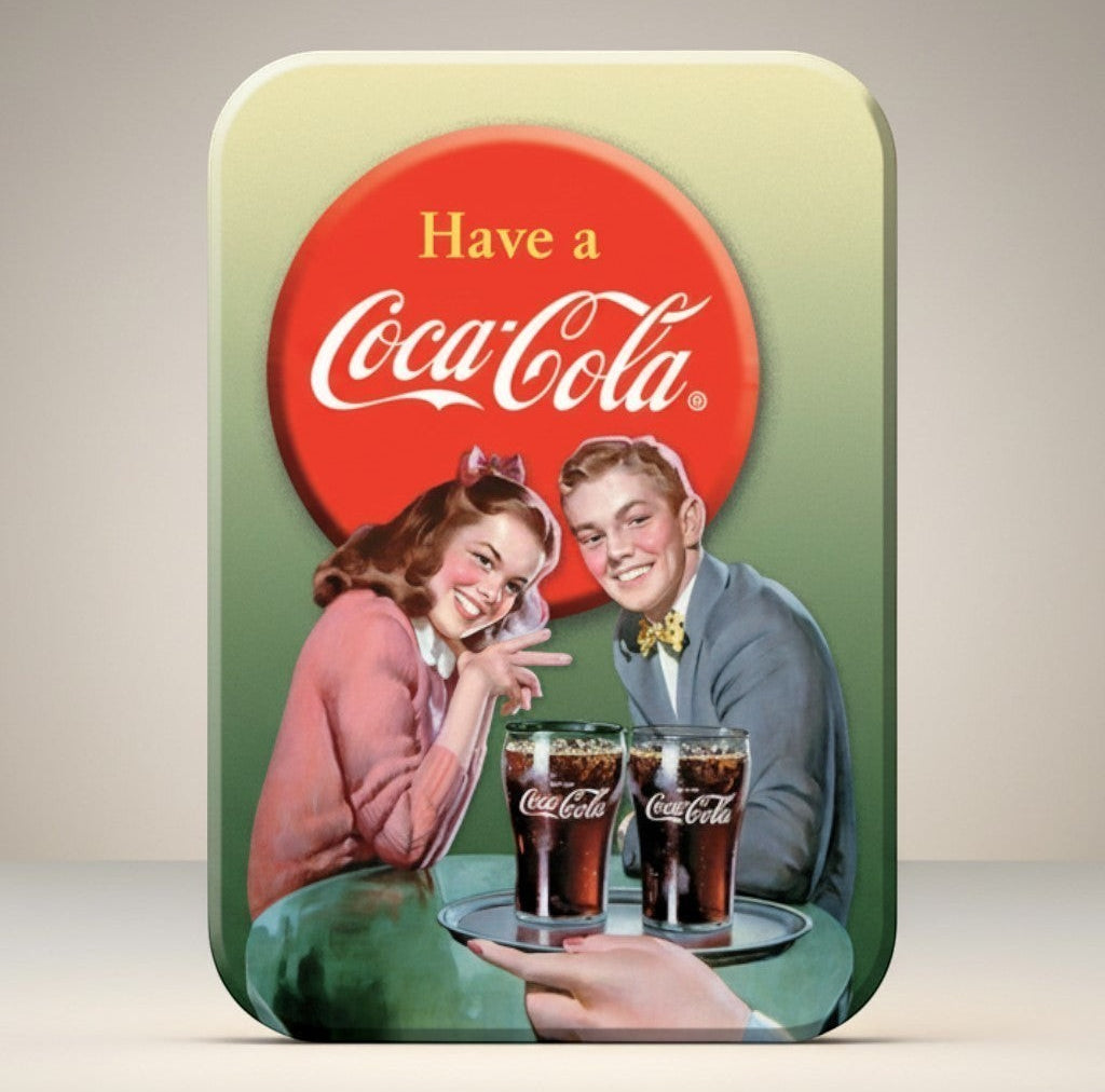 Jones Peak Coca-Cola magnet featuring a retro young couple enjoying drinks. Features rounded corners and soft touch paper media.