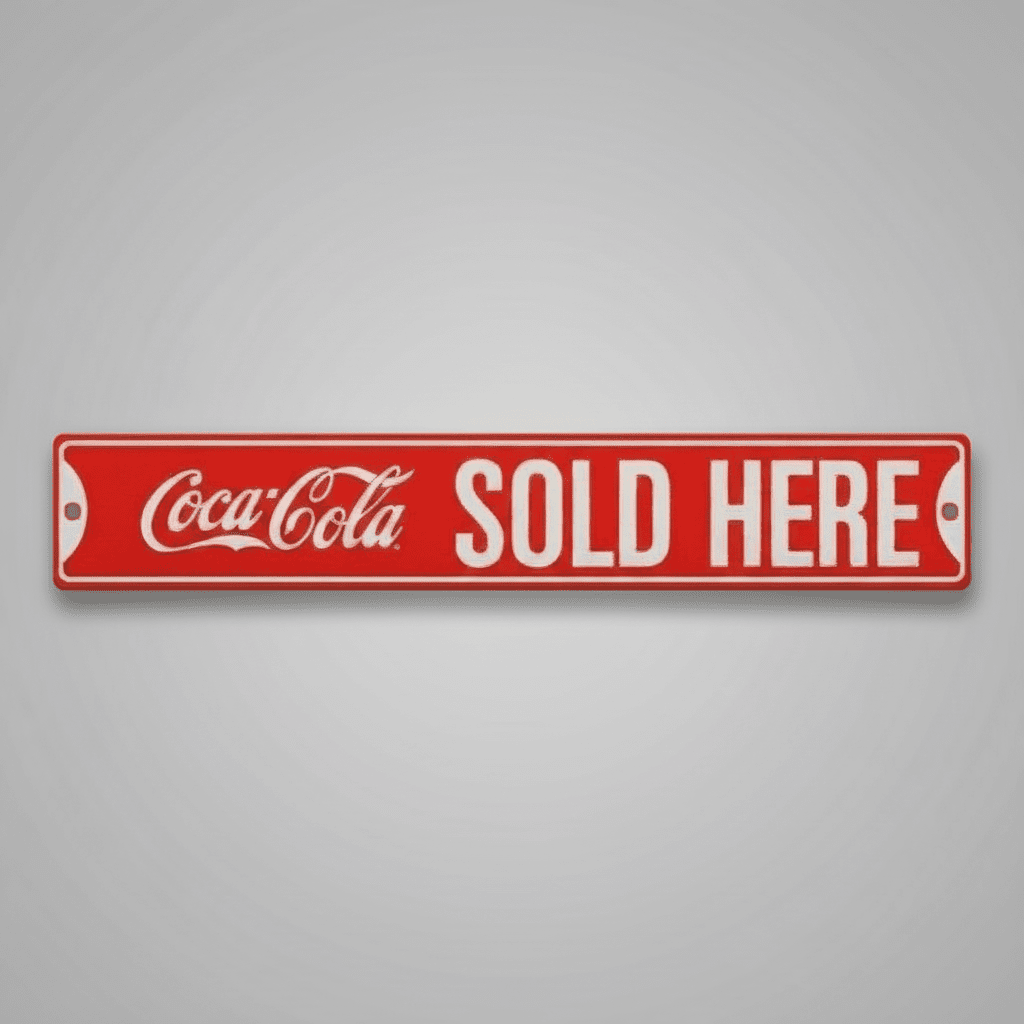 Jones Peak vintage-style red and white embossed metal Coca-Cola Sold Here street sign for wall decor.