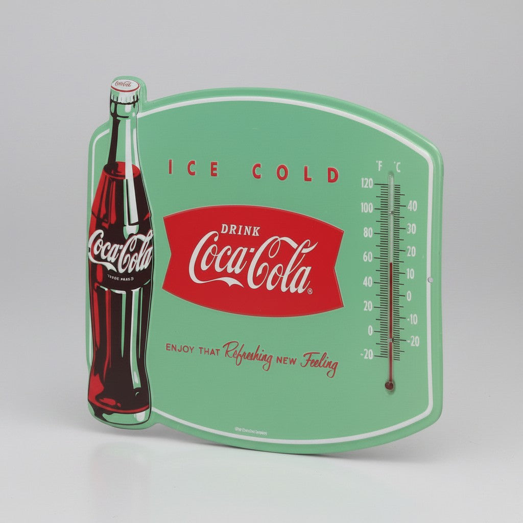 Jones Peak vintage-style embossed metal Coca-Cola wall thermometer with green background and classic bottle graphic