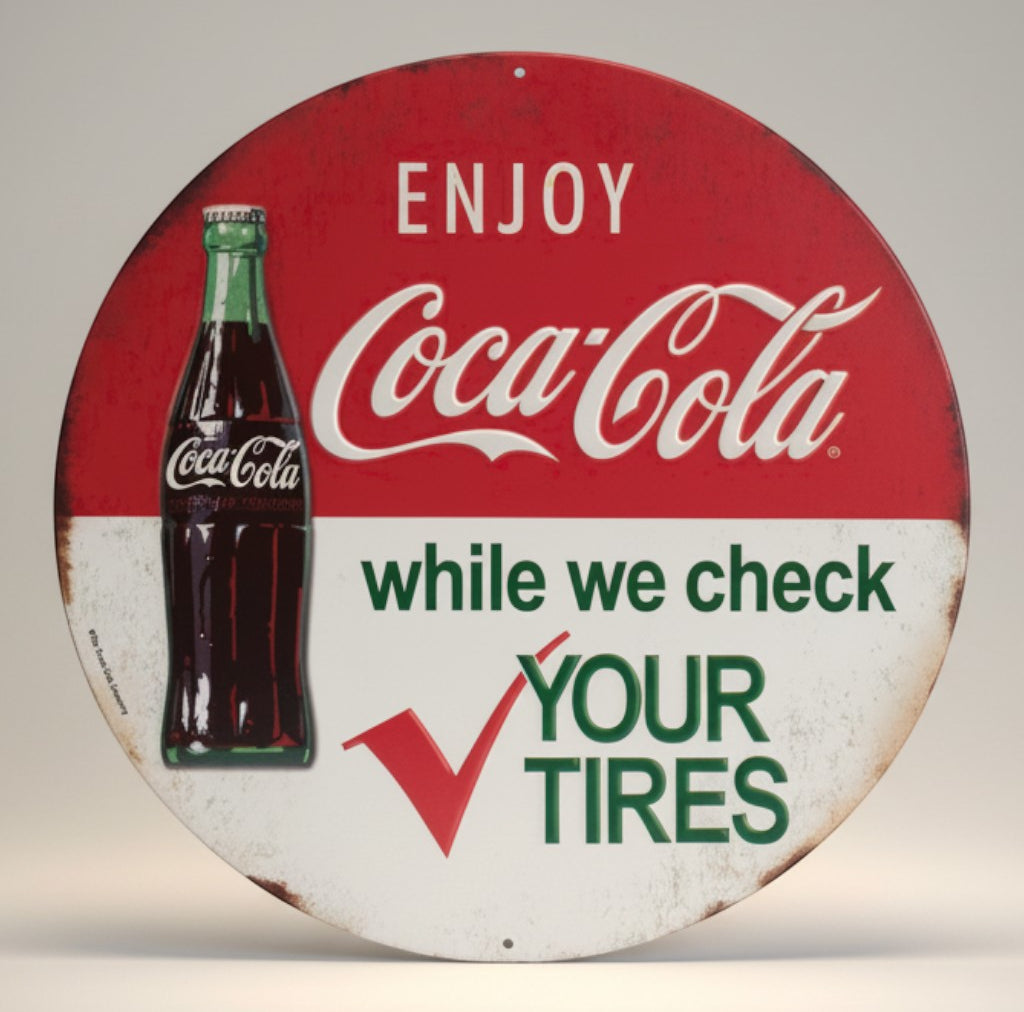 Jones Peak Coca-Cola round embossed metal sign with a vintage look, featuring a bottle and tire check graphic.
