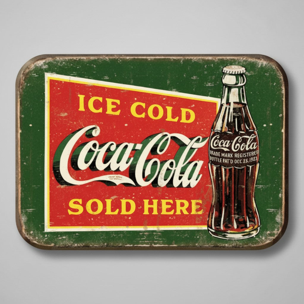 Jones Peak vintage-style Coca-Cola Ice Cold Sold Here metal magnet with distressed red and green retro graphics.