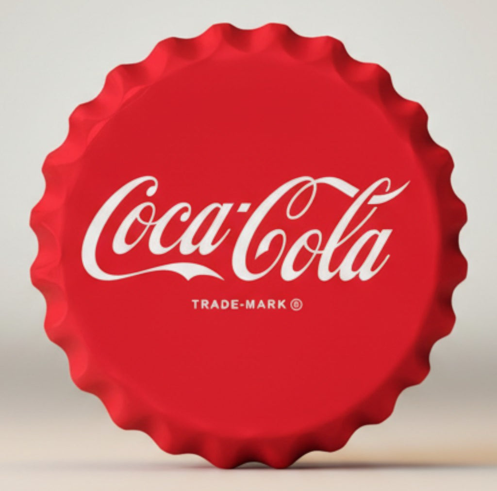 Coca-Cola Classic bottle cap metal sign with red background and white Coca-Cola logo