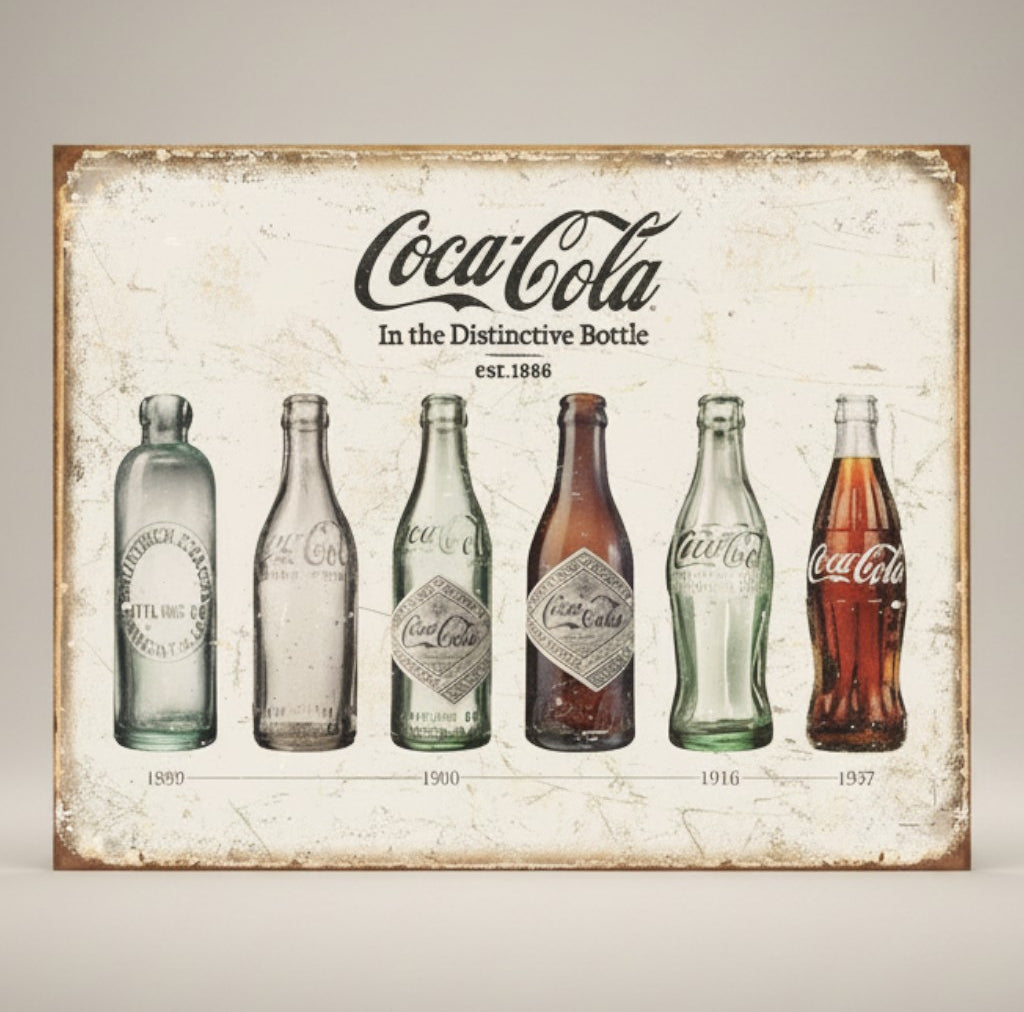 Jones Peak COKE - Bottle Evolution Metal Sign featuring six vintage Coca-Cola bottles from 1899 to 1957.