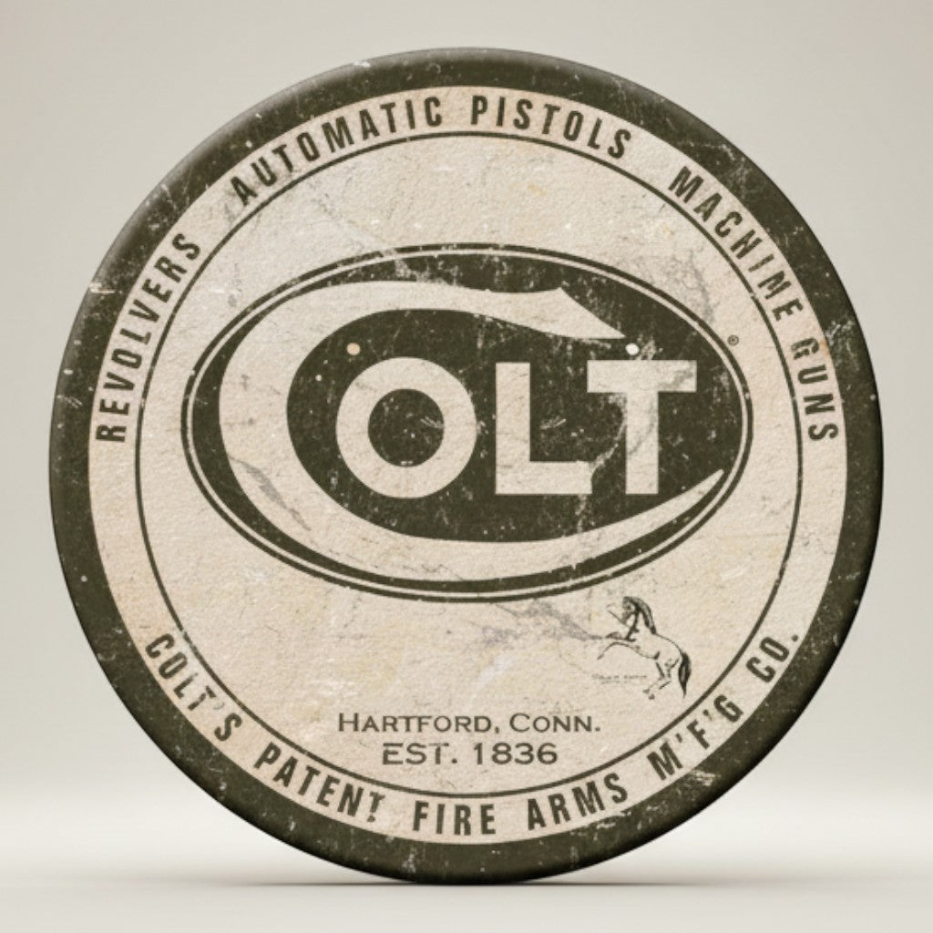 Jones Peak Colt Est. 1836 round metal magnet with vintage distressed logo for firearms collectors.