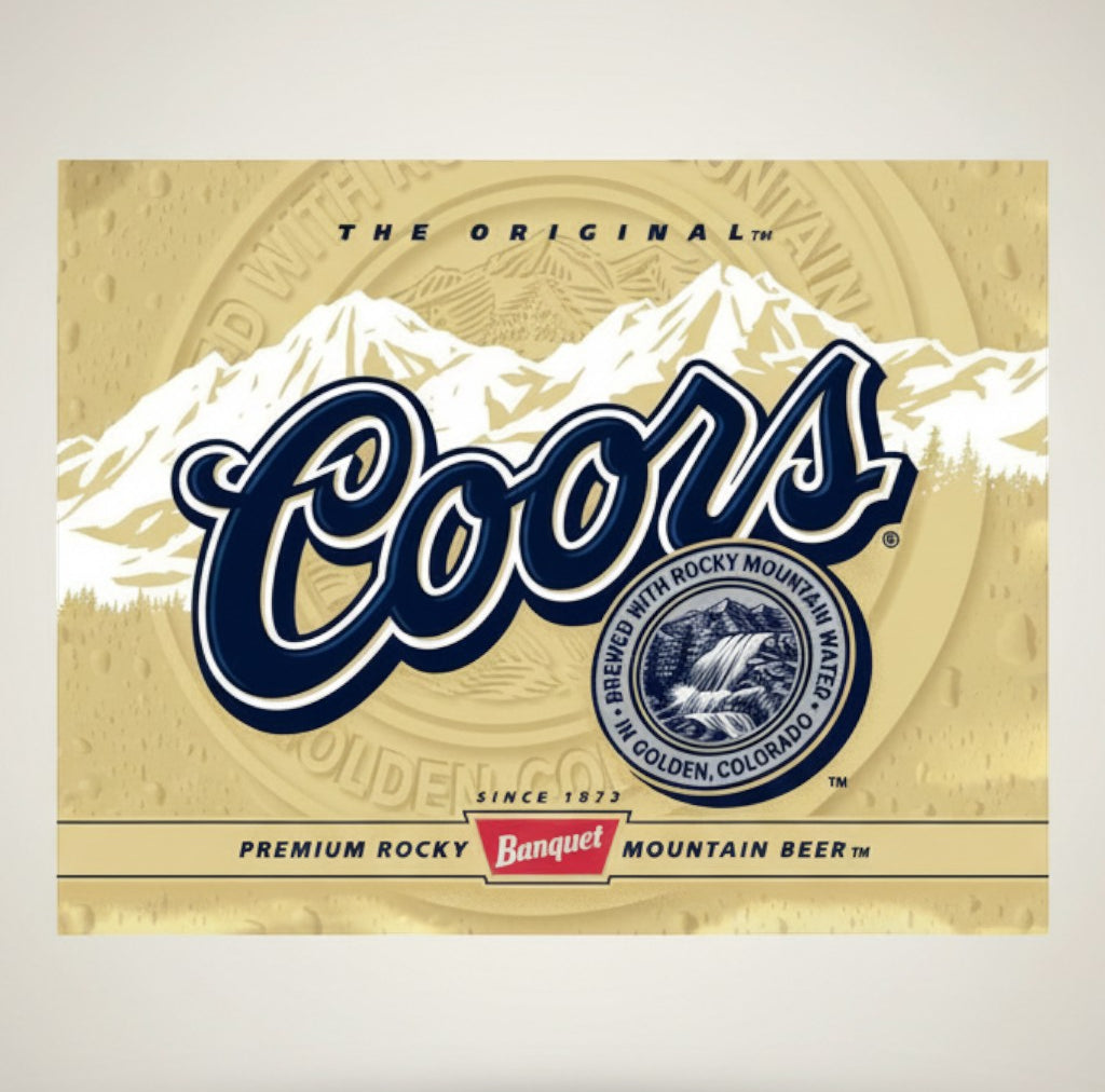 Jones Peak Coors Label Metal Sign featuring the iconic Coors logo and mountain imagery. Gold and blue.