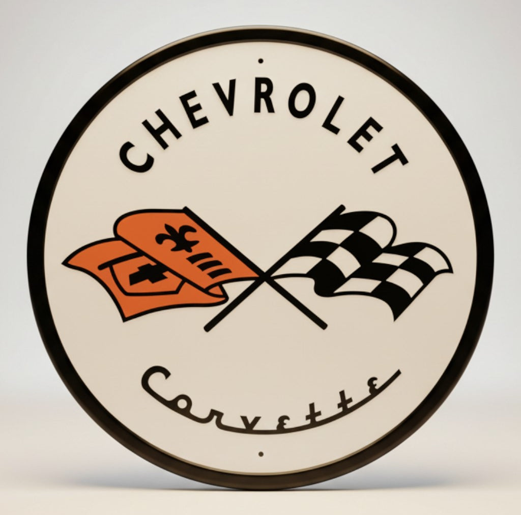 Jones Peak vintage round Corvette '53 logo metal sign with checkered flags and Chevrolet text.