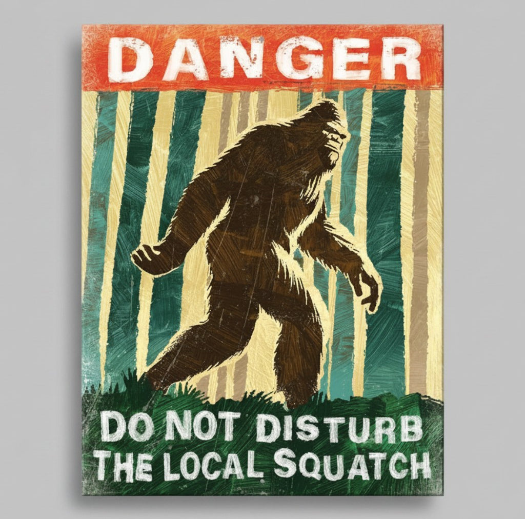 Jones Peak Danger Local Squatch metal sign with a distressed Bigfoot silhouette in a forest, red and green palette.