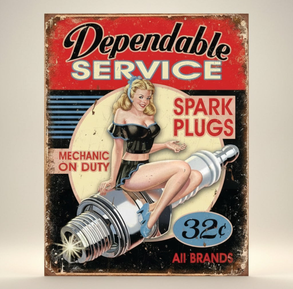 Jones Peak Dependable Service metal sign featuring a pin-up girl on a spark plug, advertising spark plugs for 32 cents.