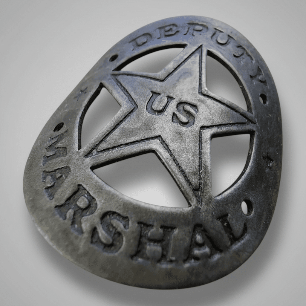 Jones Peak Deputy Marshal gun butt tag with a hand-antiqued solid metal star design for Old West costume props.