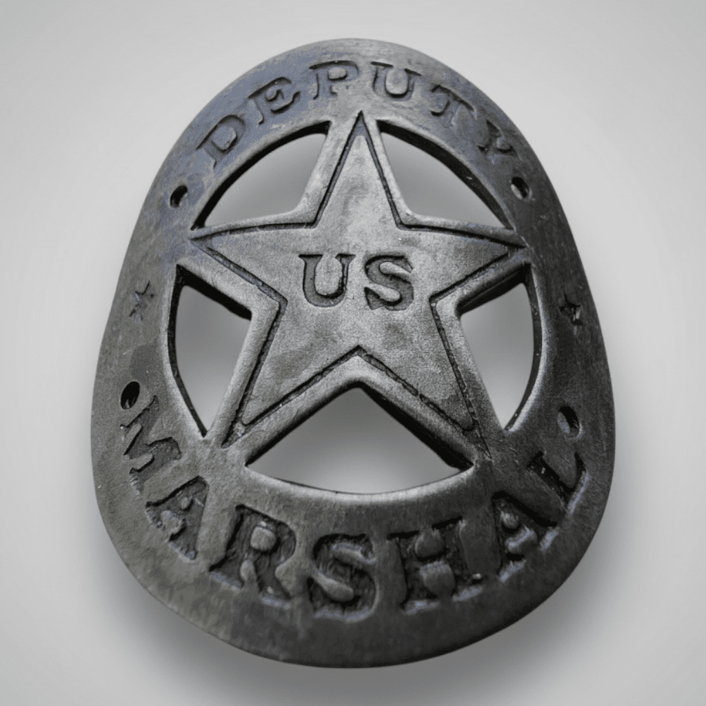 Jones Peak antique metal Deputy Marshal gun butt tag with US star emblem for Old West displays and costume props
