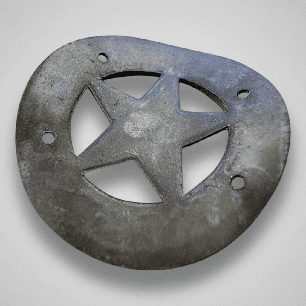 Jones Peak antique-style solid metal deputy marshal star gun butt tag with a hand-polished finish for Western decor.
