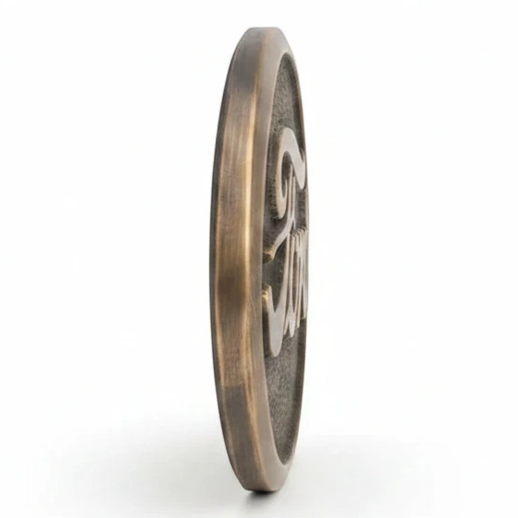 Jones Peak Ford 1903 solid brass embossed plaque shown from a side profile view with an antique finish.