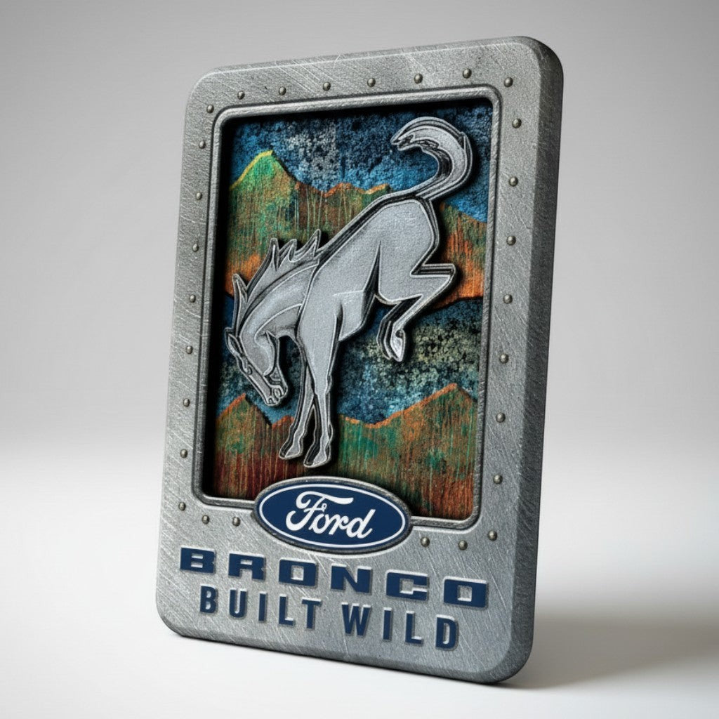 Ford Bronco Built Wild embossed metal magnet with horse logo and mountain background