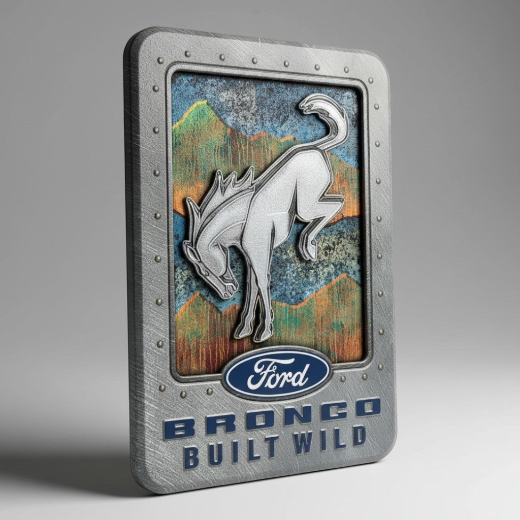 Jones Peak Ford Bronco Built Wild metal magnet with vintage mountain graphic and embossed logo design.