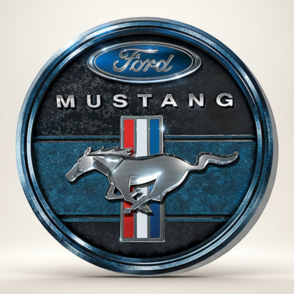 Jones Peak Ford Mustang metal magnet with running horse logo and blue distressed background. 3" round.