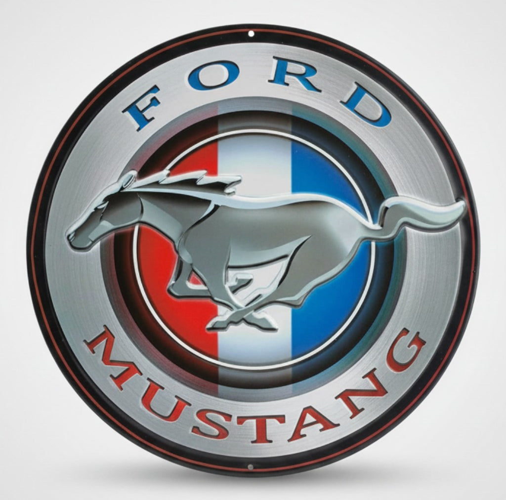 Jones Peak round embossed Ford Mustang metal sign with brushed silver finish and red, white, and blue accents.