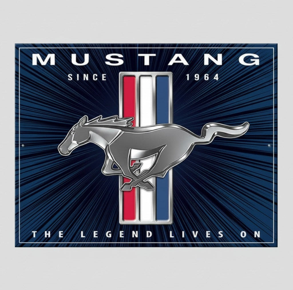 Jones Peak Ford Mustang metal sign with running horse emblem, tri-bar badge, and blue speed-line background.