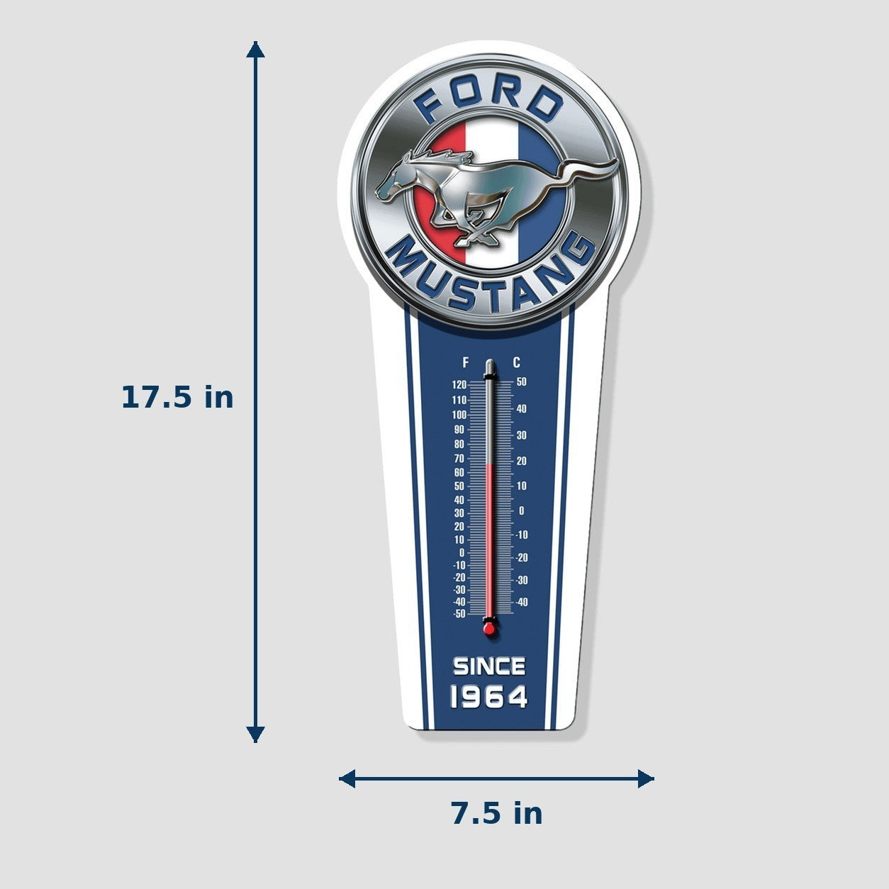Jones Peak Ford Mustang Since 1964 embossed metal wall thermometer with vintage automotive logo and temperature scale