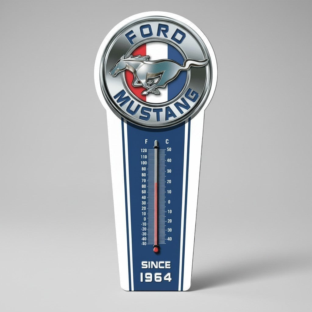 Jones Peak Ford Mustang Since 1964 thermometer with embossed metal construction and graphic design.