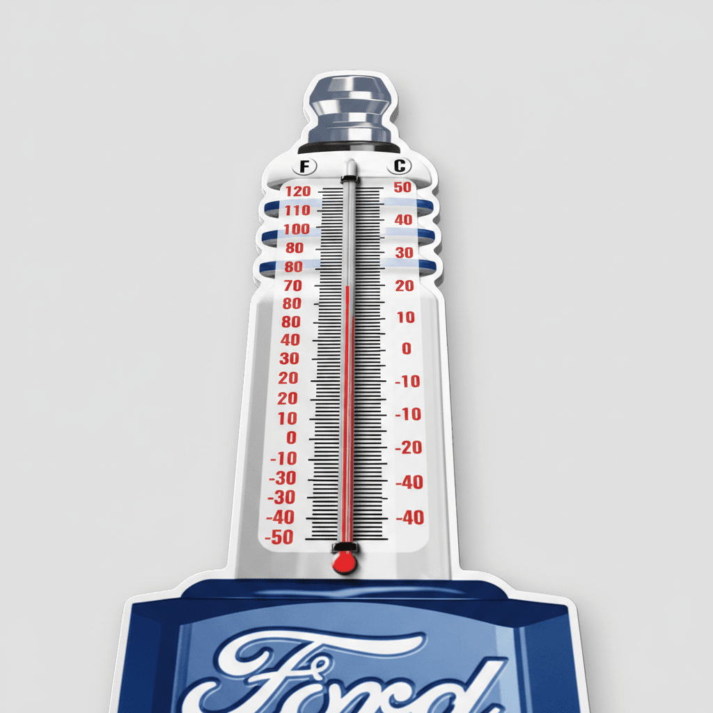 Jones Peak Ford Tough spark plug shaped embossed metal thermometer with vintage patina finish for wall decor