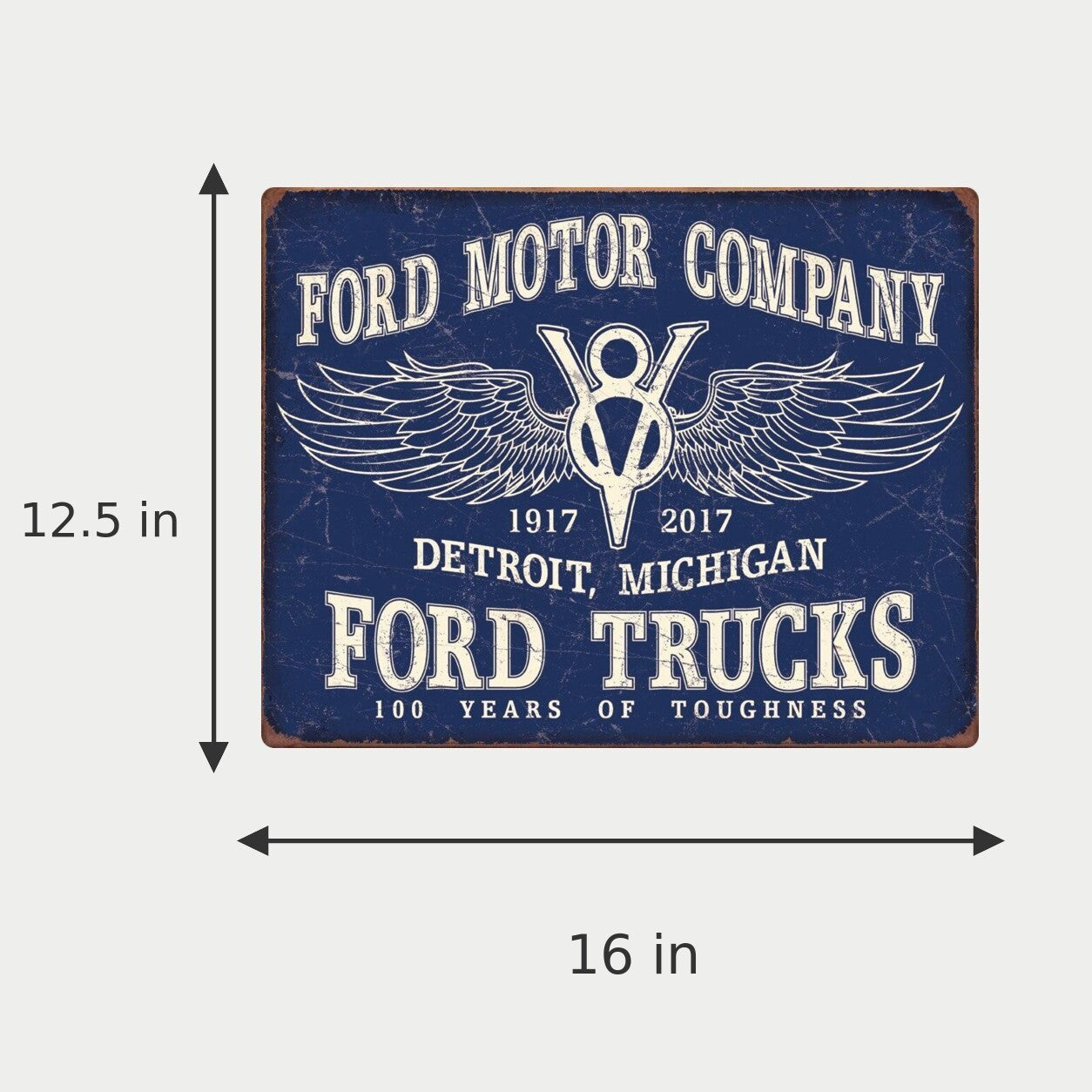 Jones Peak Ford Trucks V8 100 Years of Toughness vintage style blue metal wall sign for garages and workshops