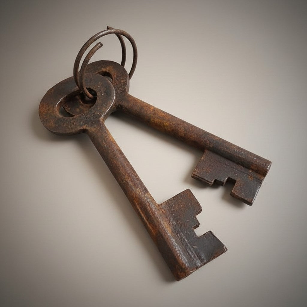 Jones Peak Frontier Arms 1866 cast iron lock with brass tag and keys, distressed finish, 3" x 5"
