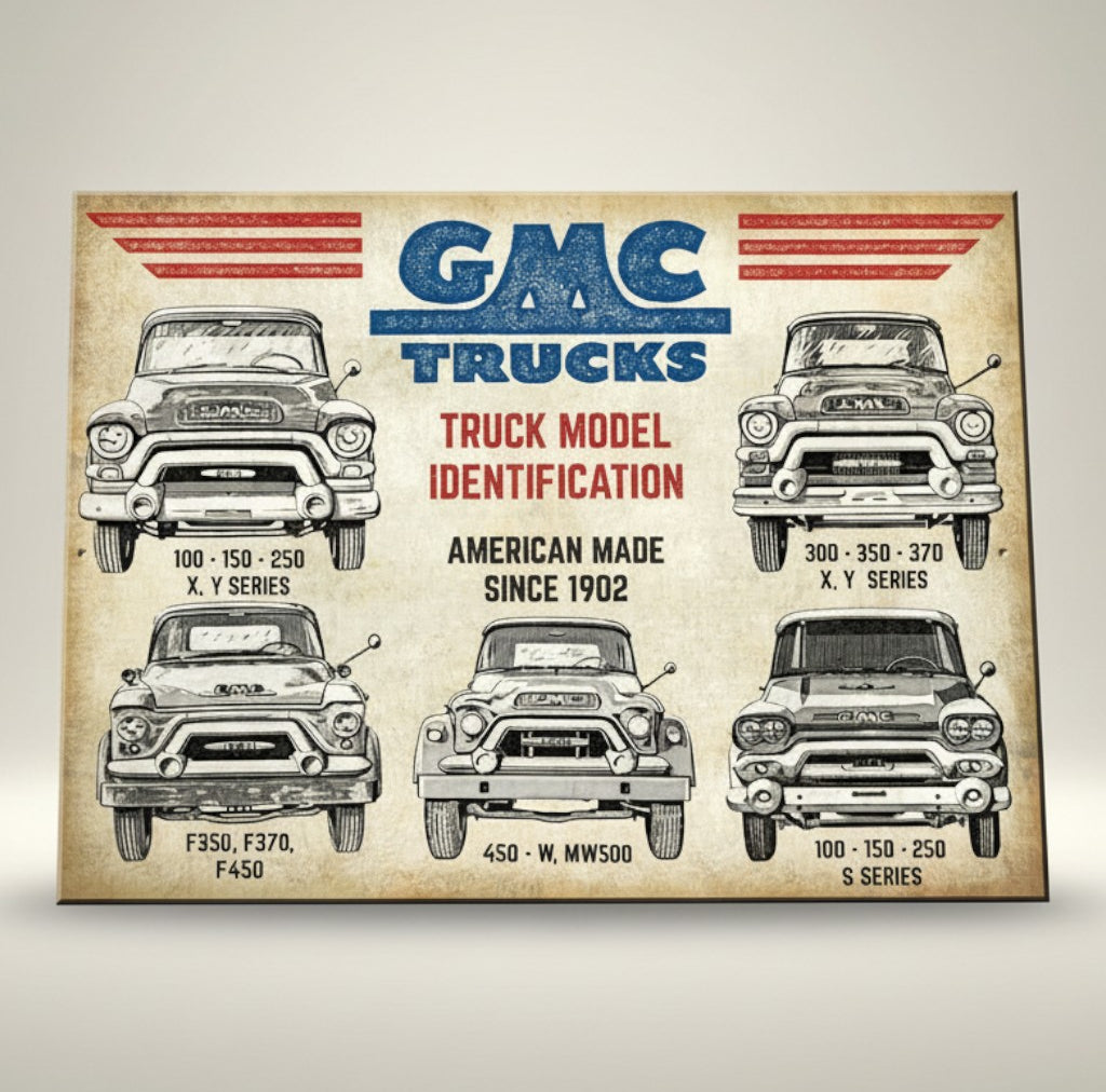 GMC Trucks 10.75 x 8.25 metal sign with vintage truck model artwork and American Made Since 1902 text