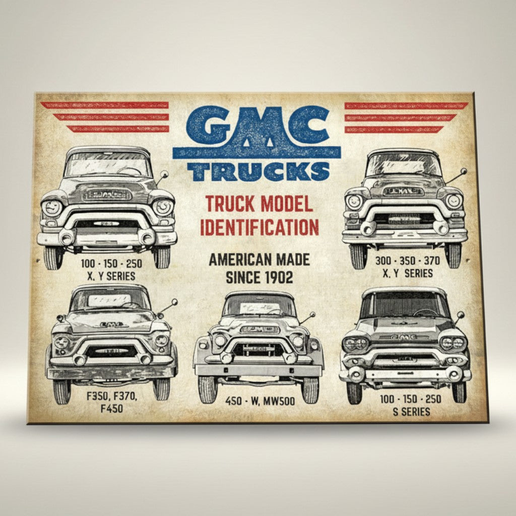 GMC Trucks 10.75 x 8.25 metal sign with vintage truck model artwork and American Made Since 1902 text