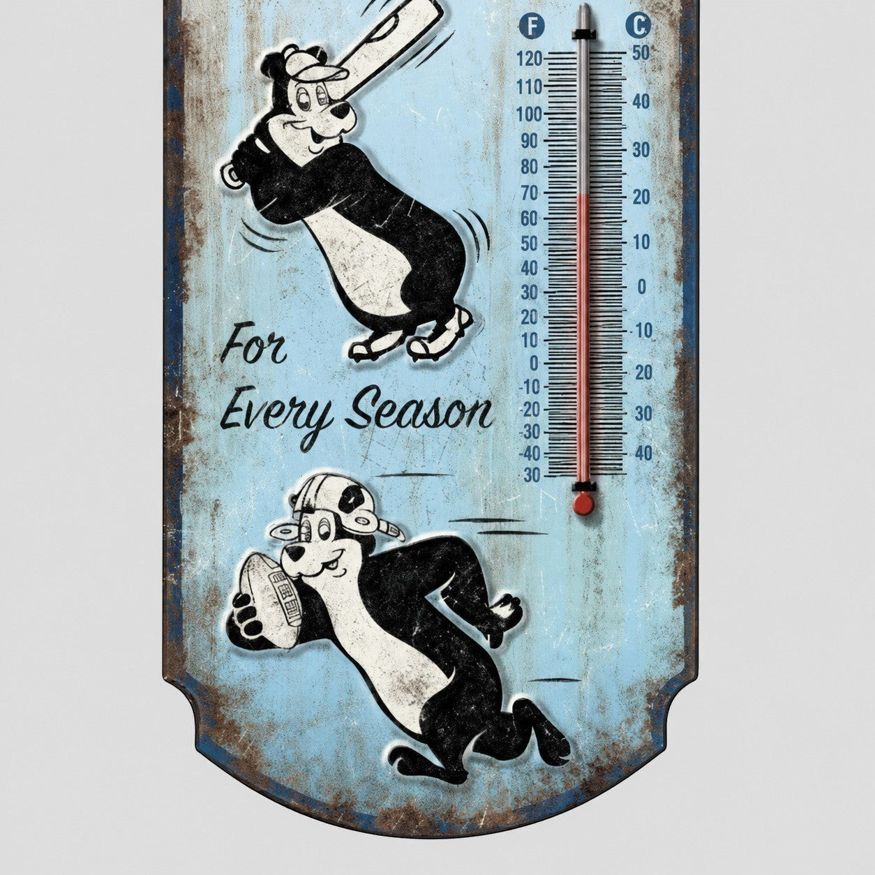 Jones Peak Hamm's vintage embossed metal thermometer featuring a bear playing baseball and football on a blue background