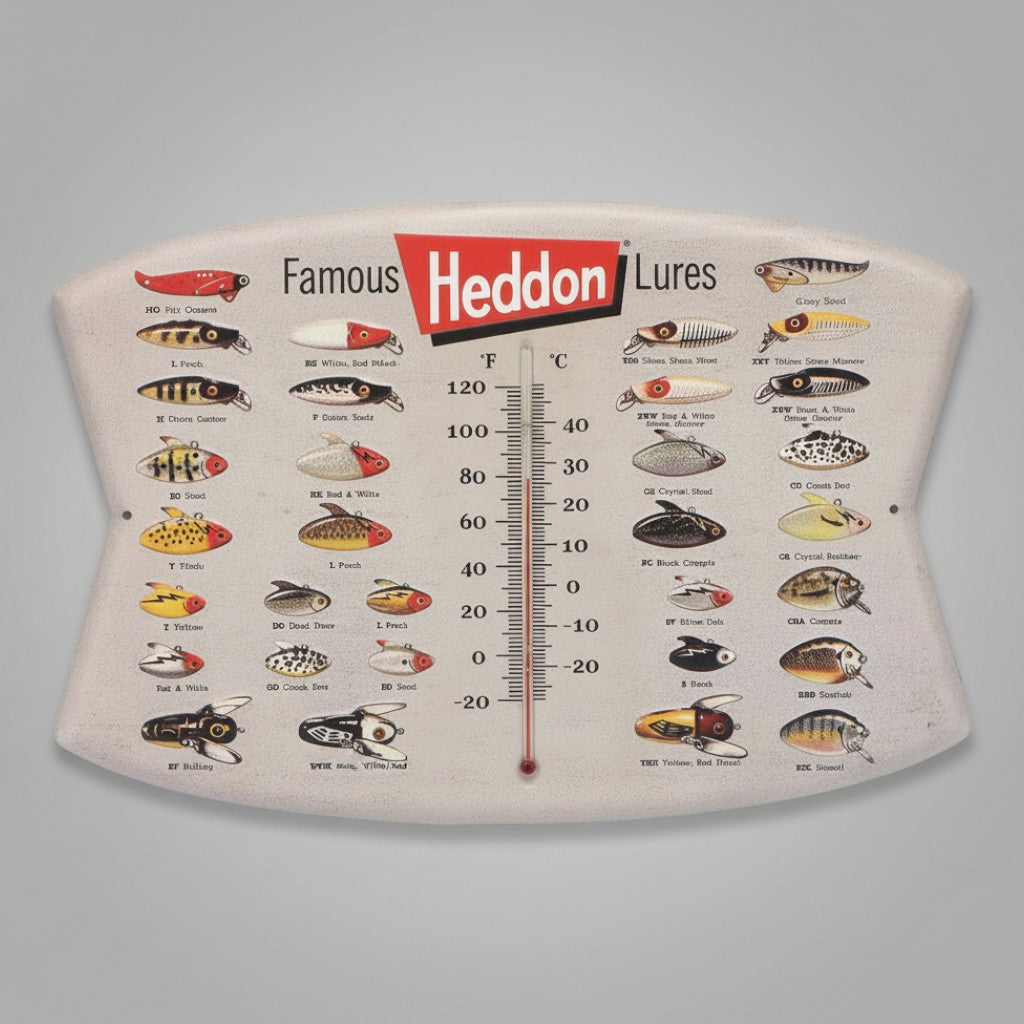 Jones Peak embossed metal wall thermometer featuring vintage Heddon fishing lure illustrations and dual temp scale