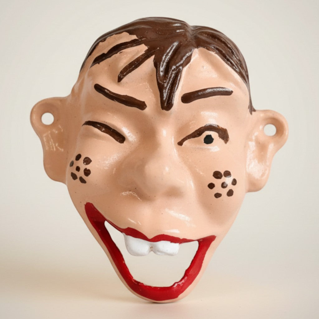 Jones Peak Howdy Doody cast iron wall bottle opener, hand-painted face with winking eye and wide smile.