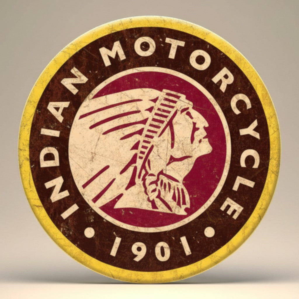 Jones Peak Indian Motorcycle 1901 Logo Magnet, round metal with vintage distressed design.