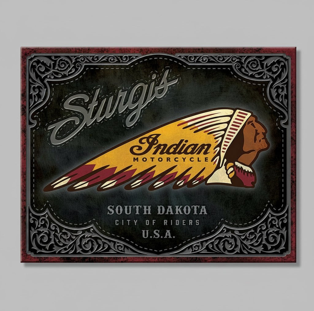 Jones Peak Indian Motorcycle Sturgis metal sign with vintage distressed finish and iconic head-dress logo artwork